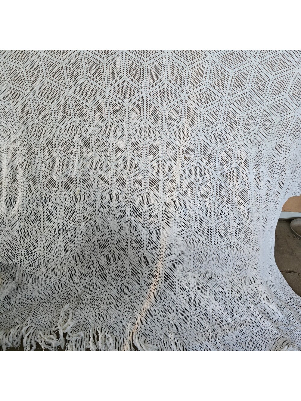 Vintage Crocheted Bedspread with fringe edge Cotton 96 x88 approx
